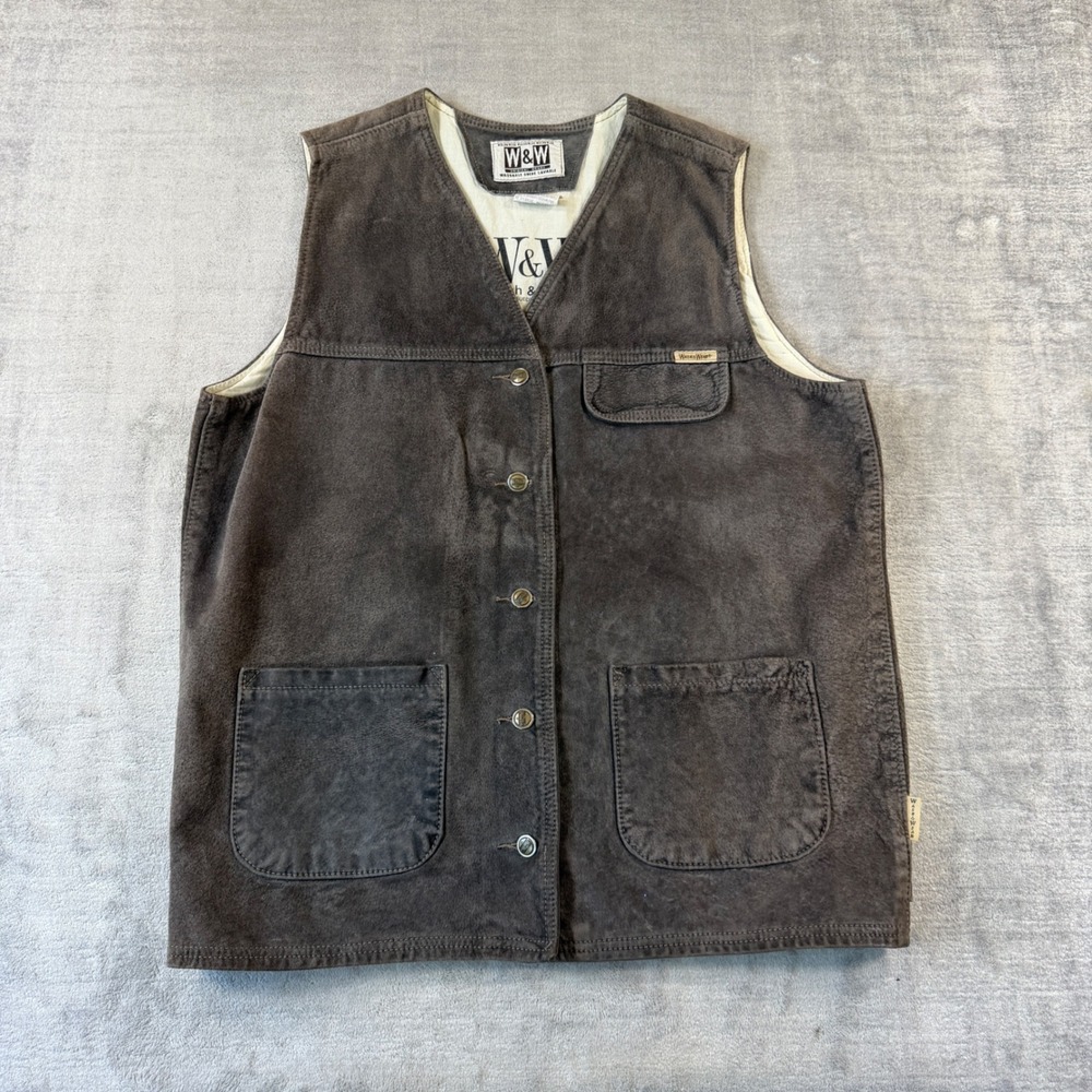 W&W Wash & Wear Vest Mens Medium Gray Suede Leather Vintage 90s Made in Canada